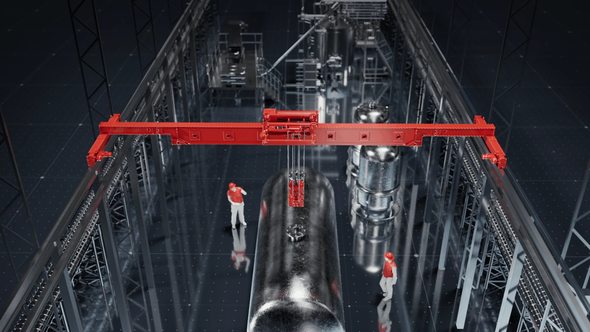 Red lifting equipment in a tall industrial structure