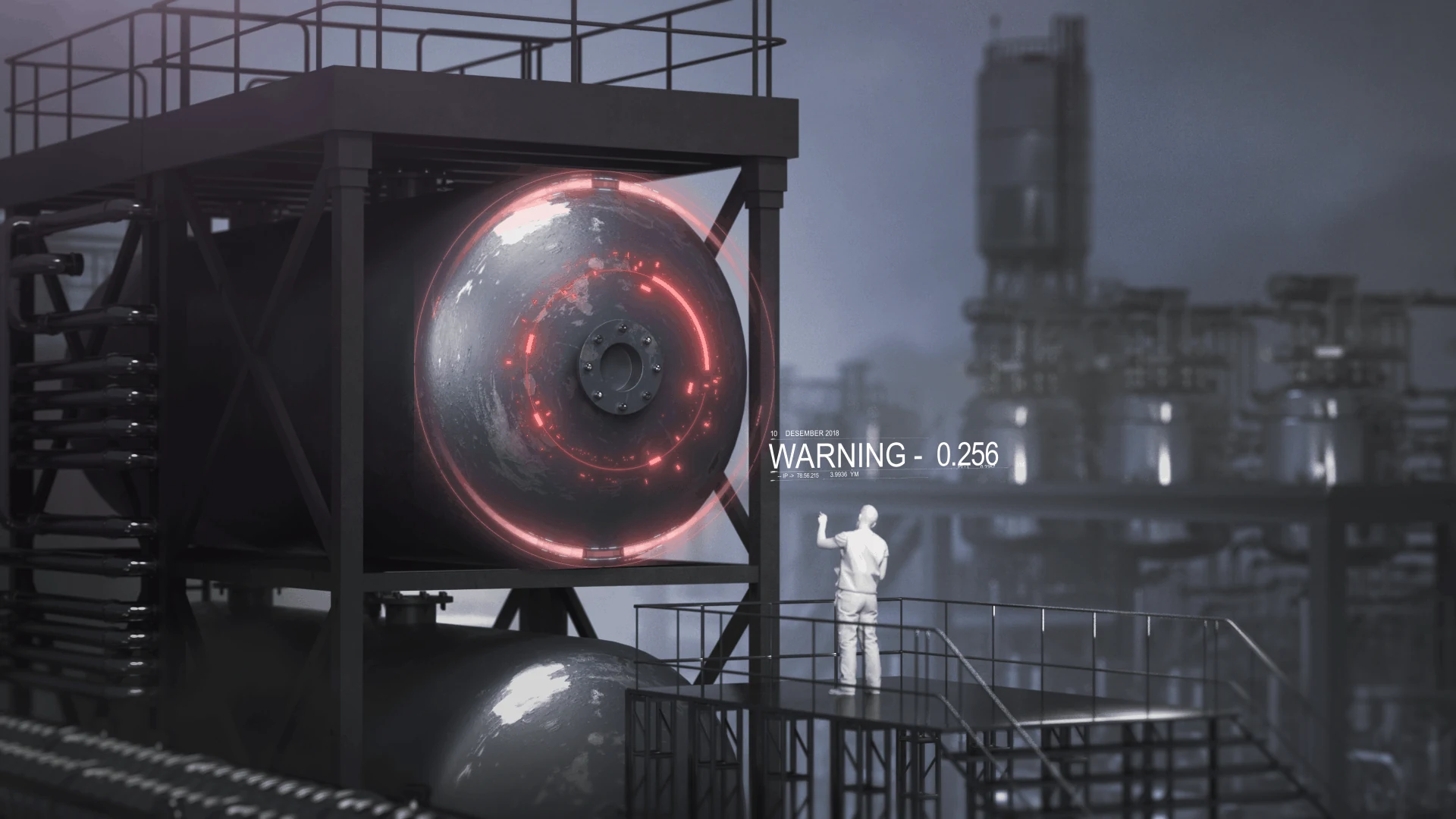 A large suspended component glowing inside an industrial environment