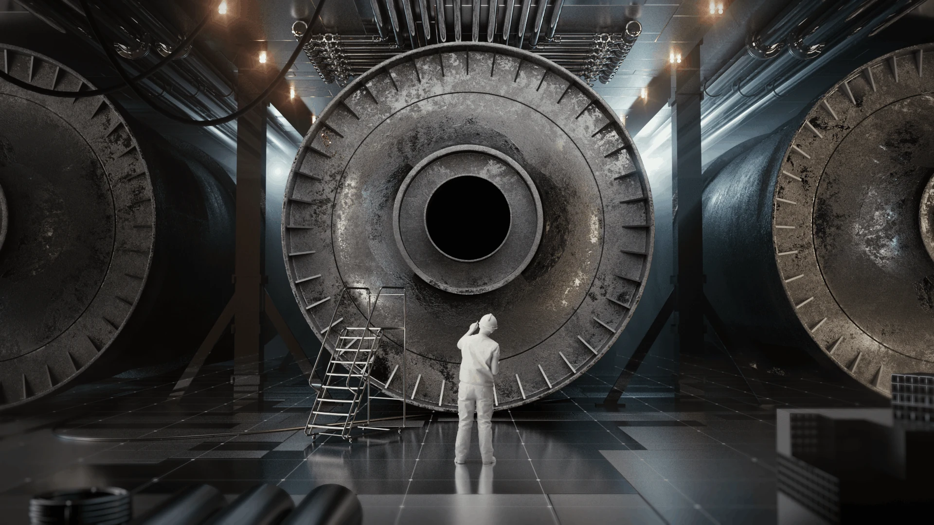 Industrial concept frame with huge circular structures and a person in a metallic interior