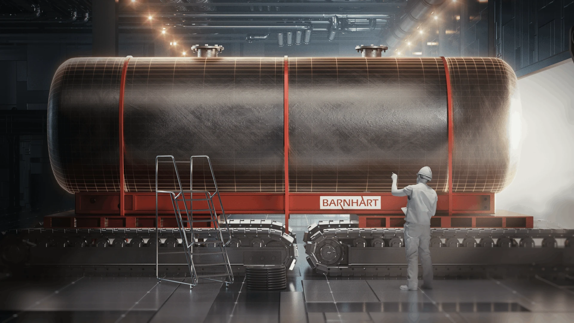 A large cylindrical load held by red Barnhart equipment in an illuminated hangar