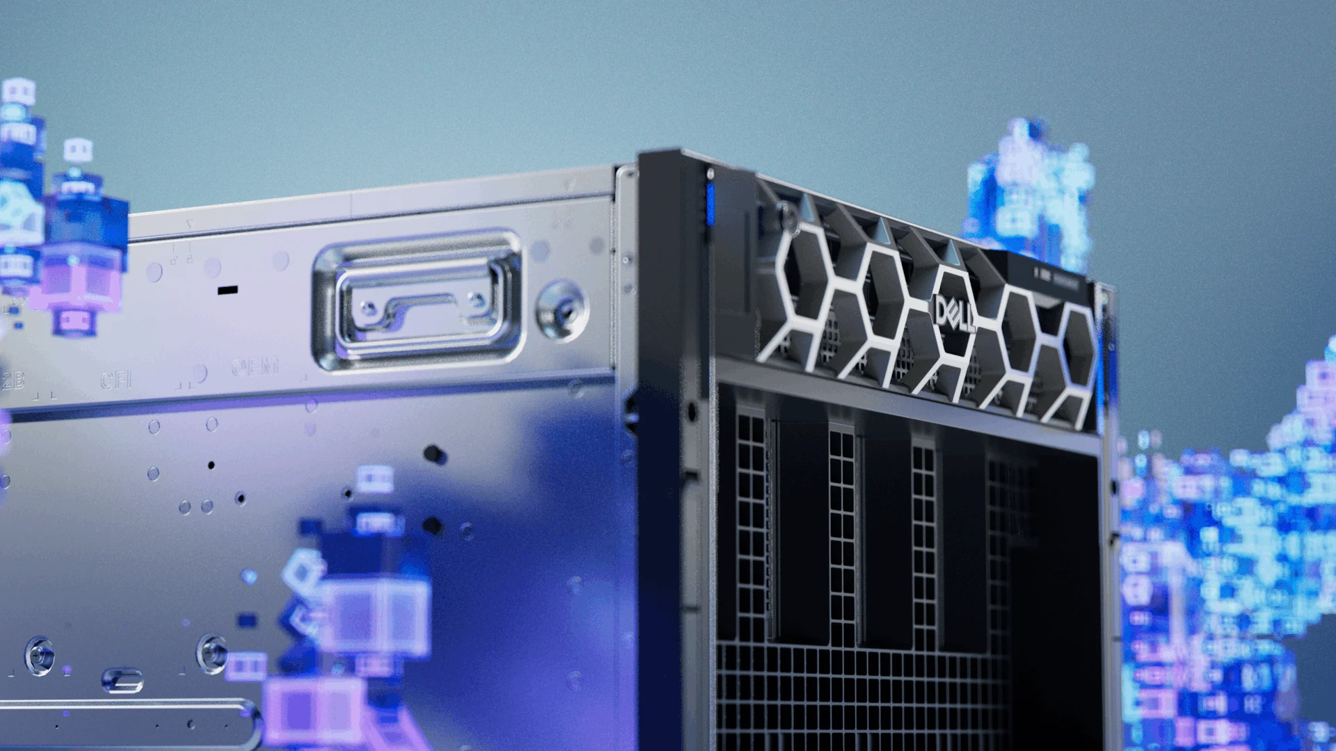 Dell server front panel framed by translucent cubes