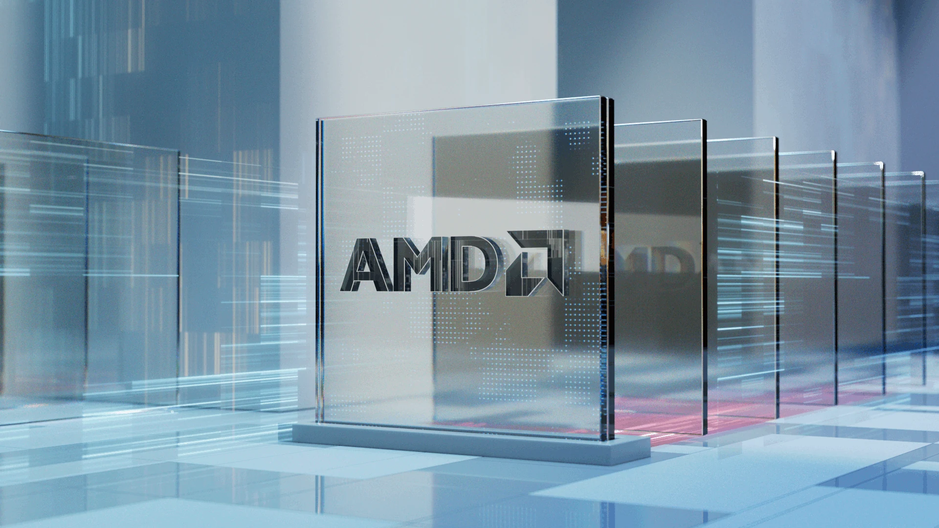 Layered transparent panels with an AMD wordmark