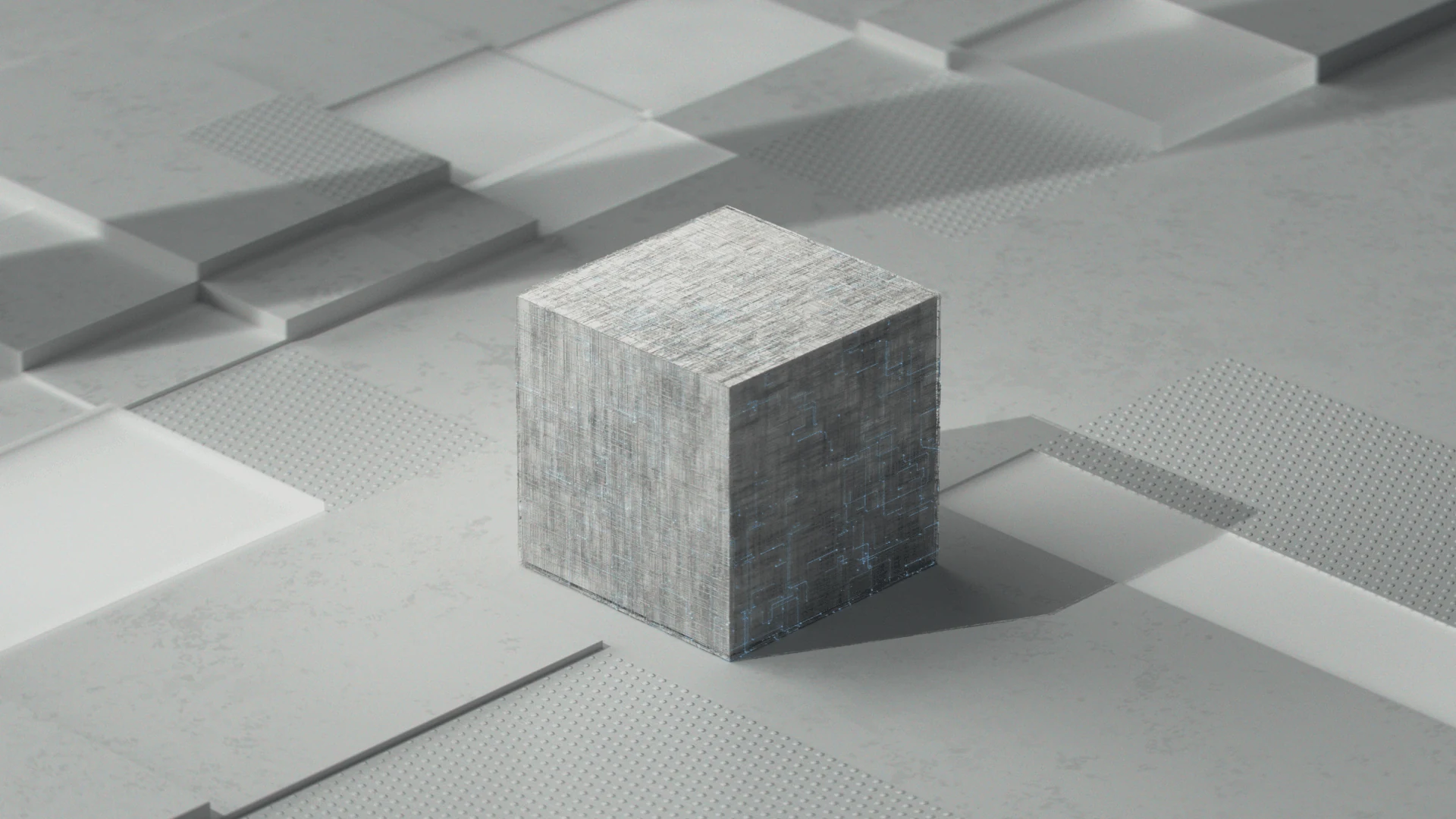 Metallic cube resting on a pale geometric surface