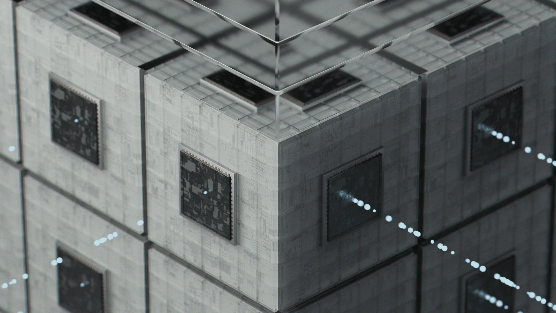 Close view of the cube surface with small inset panels and blue details
