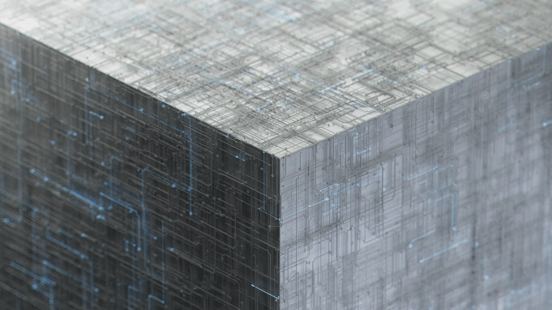 Detailed metallic cube with layered channels and faint blue light
