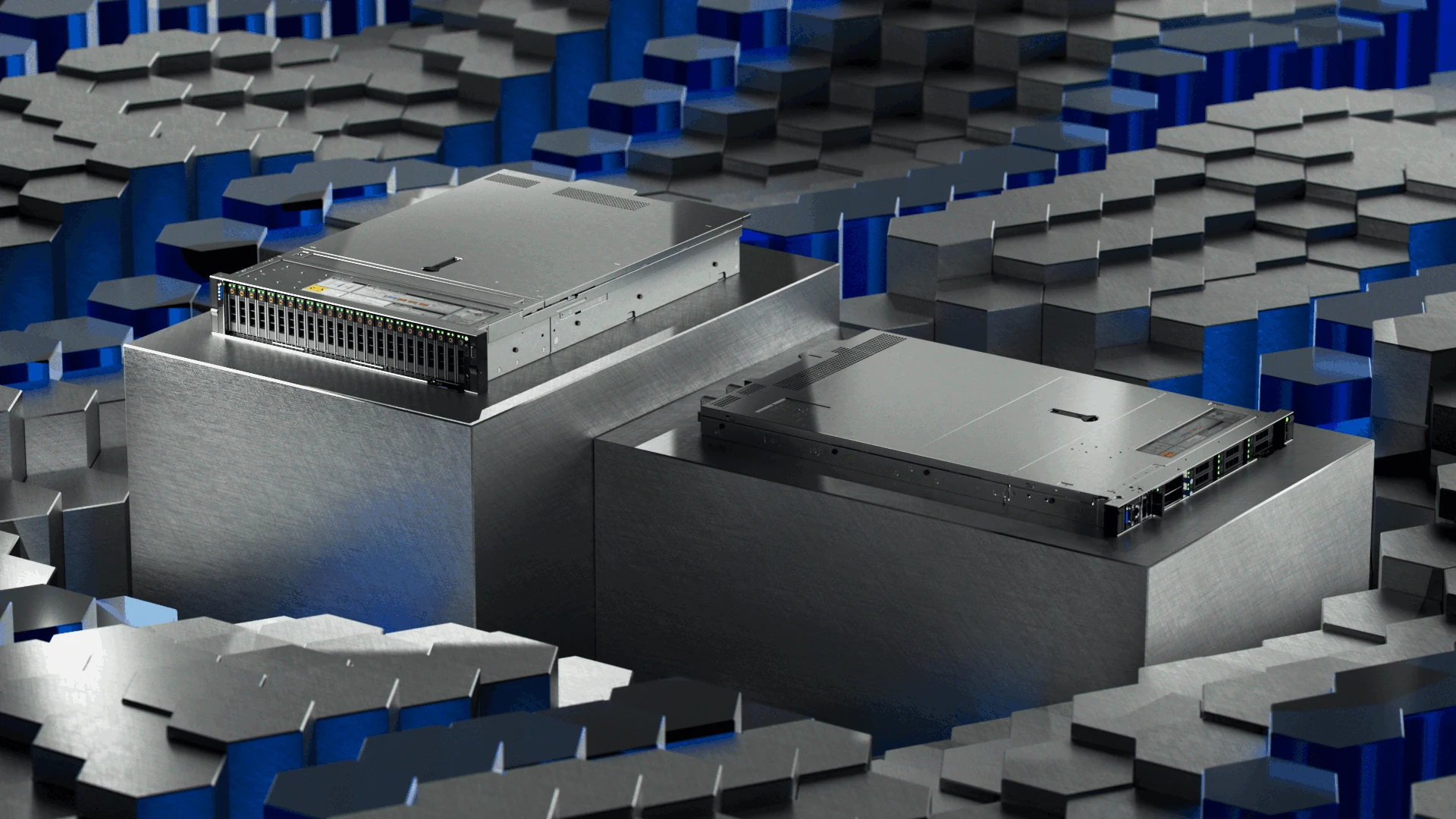 Two servers surrounded by a field of raised hexagonal tiles