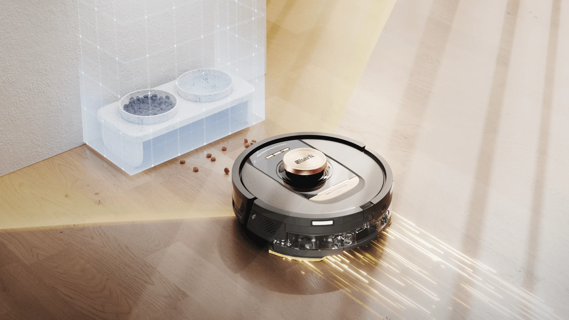 Robot vacuum cleaning a floor with a translucent technical overlay around its dock