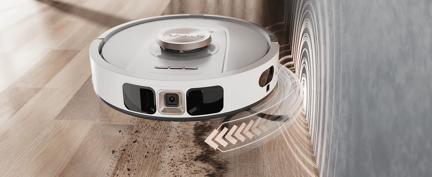 Robot vacuum following the edge of a floor with a technical overlay