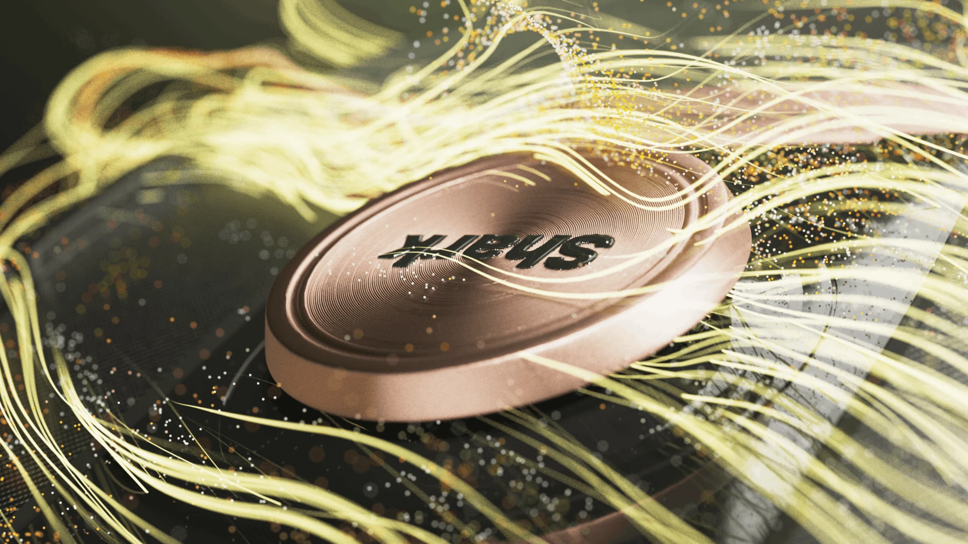 Close-up of a circular sensor surrounded by golden light trails