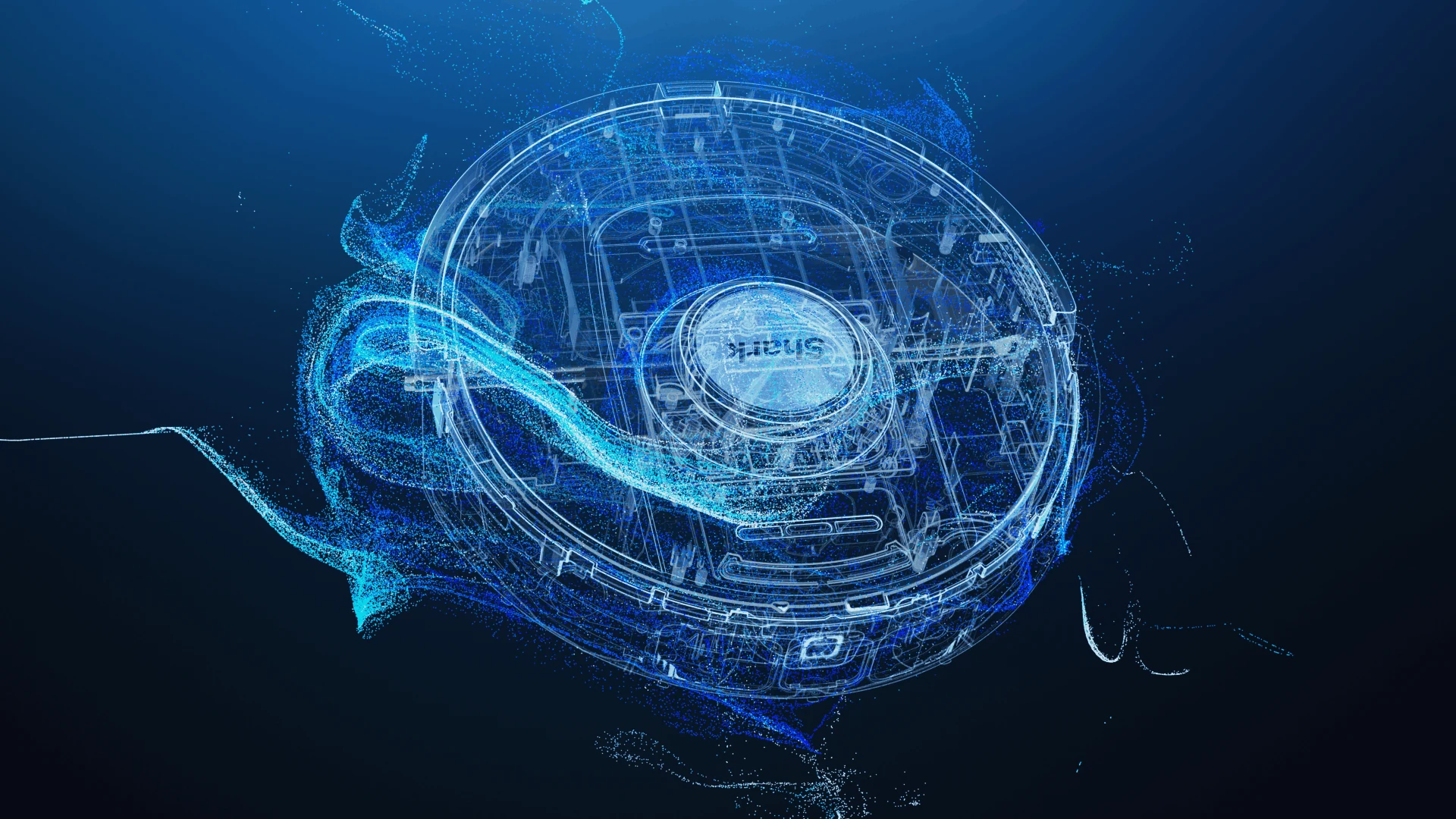 Blue wireframe view of a robot vacuum